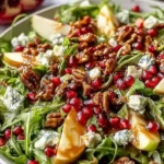 Winter Christmas Salad with pomegranate seeds, candied nuts, pears, and blue cheese drizzled with dressing in a festive holiday setting.