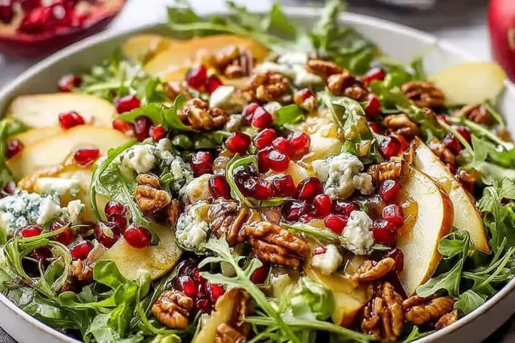 Winter Christmas Salad with pomegranate seeds, pears, blue cheese, and candied nuts layered over fresh arugula.