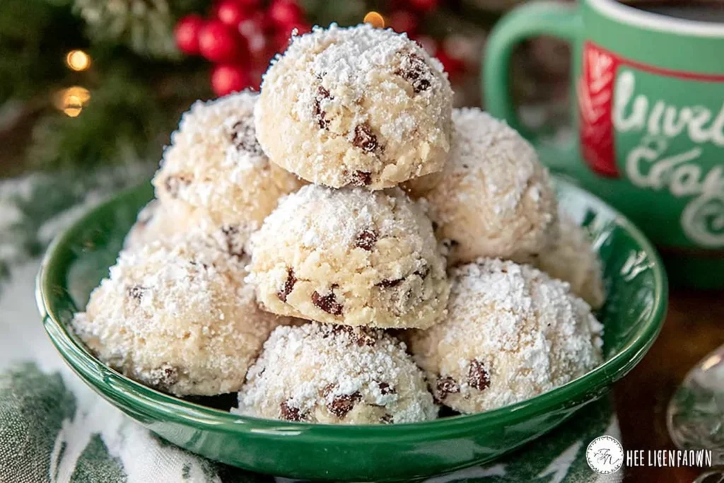 Snowball Cookie Recipe featuring powdered sugar–coated buttery cookies with chocolate chips stacked in a festive holiday bowl