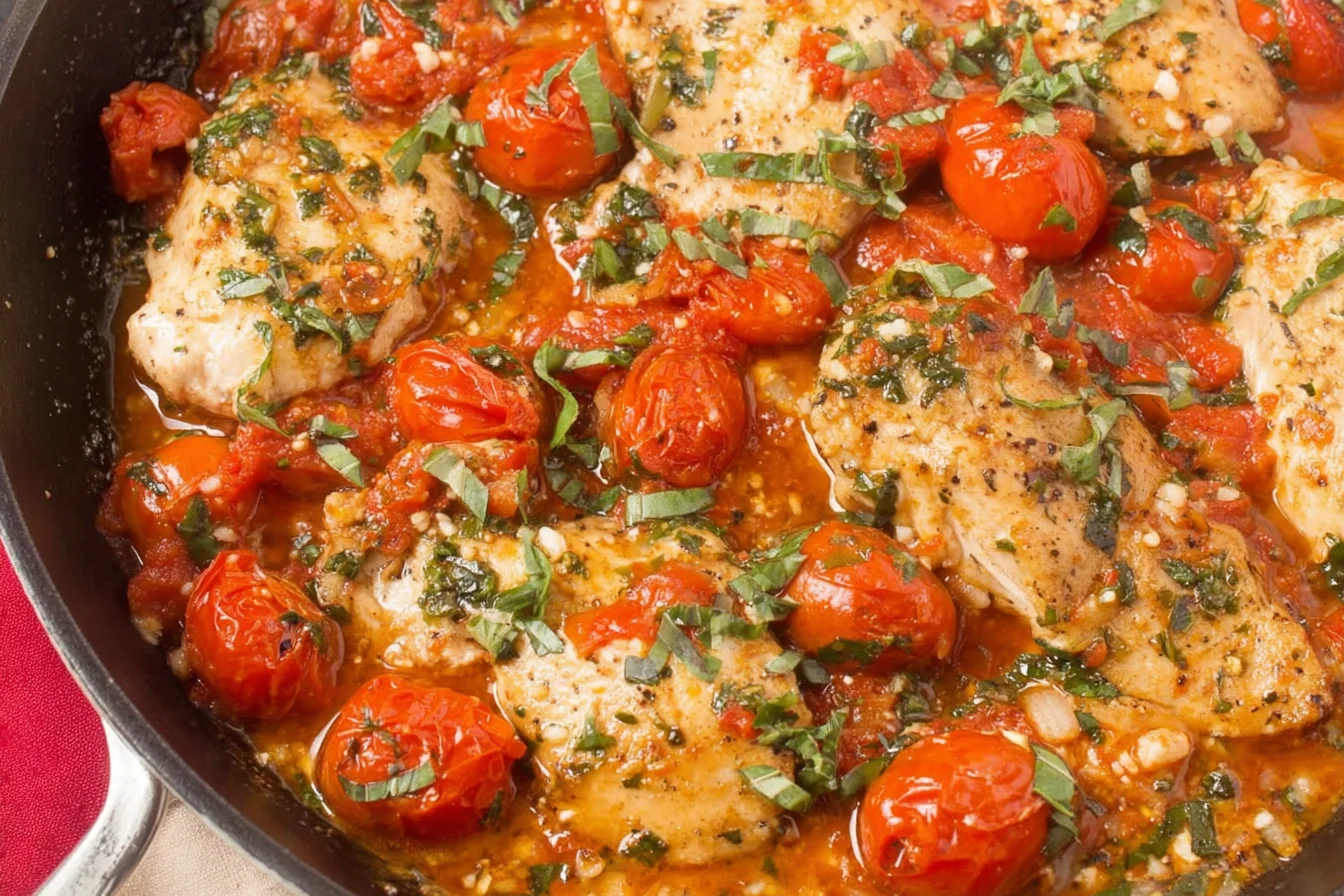 Healthy Chicken Pomodoro Skillet with seared chicken breasts simmered in juicy grape tomatoes, garlic, and fresh basil in a single pan.