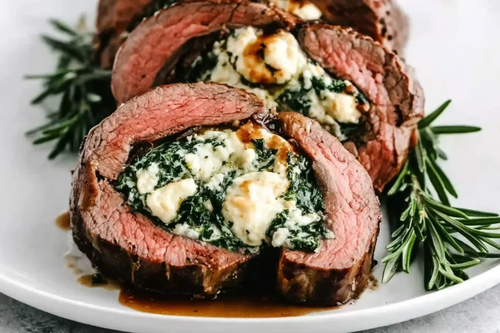 Close-up of sliced Christmas Stuffed Beef Tenderloin filled with creamy spinach and cheese, served with rosemary on a white plate.