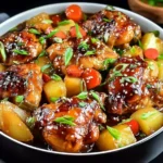 Sweet Hawaiian Crockpot Chicken slow-cooked in a rich pineapple soy glaze with tender chicken pieces, carrots, and potatoes, garnished with green onions and sesame seeds.