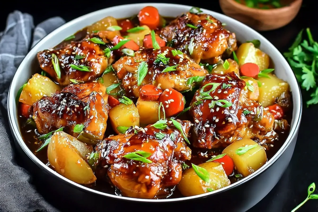 Sweet Hawaiian Crockpot Chicken slow-cooked in a rich pineapple soy glaze with tender chicken pieces, carrots, and potatoes, garnished with green onions and sesame seeds.