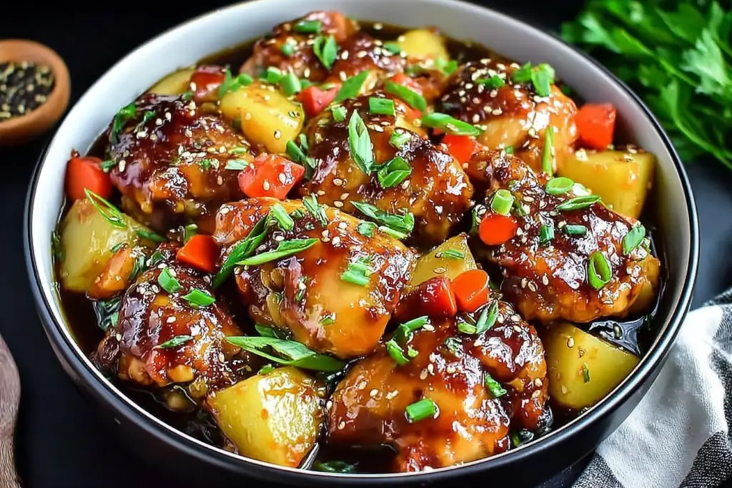 Sweet Hawaiian Crockpot Chicken slow-cooked in a glossy pineapple soy sauce with tender chicken, carrots, potatoes, sesame seeds, and fresh green onions.