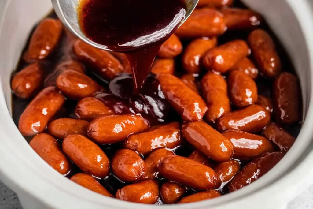 Lil Smokies Recipe simmering in a crockpot as rich BBQ sauce is poured over mini sausages for a sweet and smoky appetizer