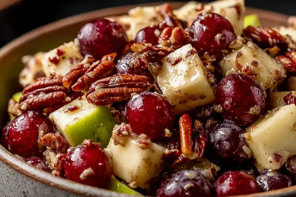 Cinnamon Apple Grape Salad made with red grapes, green apple chunks, toasted pecans, and a cinnamon honey glaze served in a rustic bowl