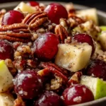 Cinnamon Apple Grape Salad with juicy red grapes, crisp apple cubes, toasted pecans, and a glossy cinnamon honey dressing in a rustic bowl
