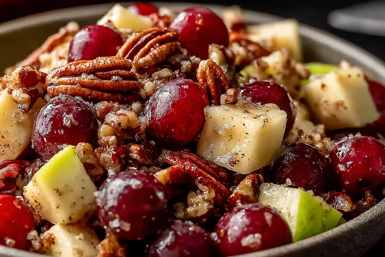 Cinnamon Apple Grape Salad with juicy red grapes, crisp apple cubes, toasted pecans, and a glossy cinnamon honey dressing in a rustic bowl