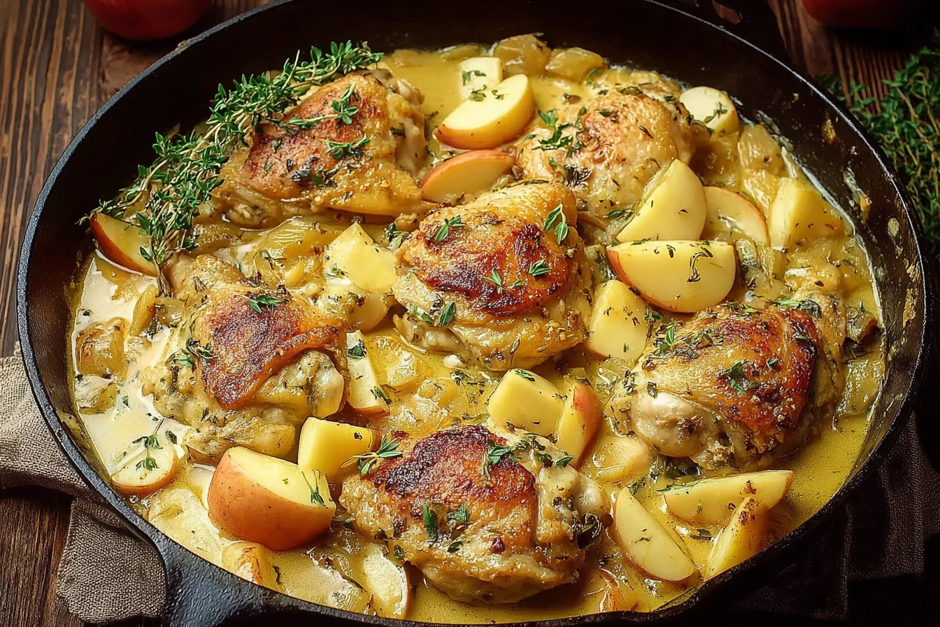 Chicken Normandy cooked in a creamy cider sauce with apples and golden chicken thighs in a rustic skillet.