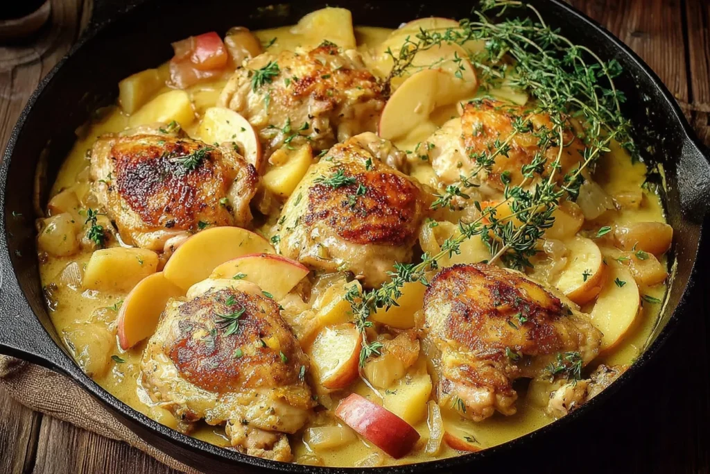 Chicken Normandy in a skillet with apples and creamy cider sauce, featuring golden chicken thighs and fresh thyme.