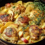Chicken Normandy in a skillet with apples and creamy cider sauce, featuring golden chicken thighs and fresh thyme.