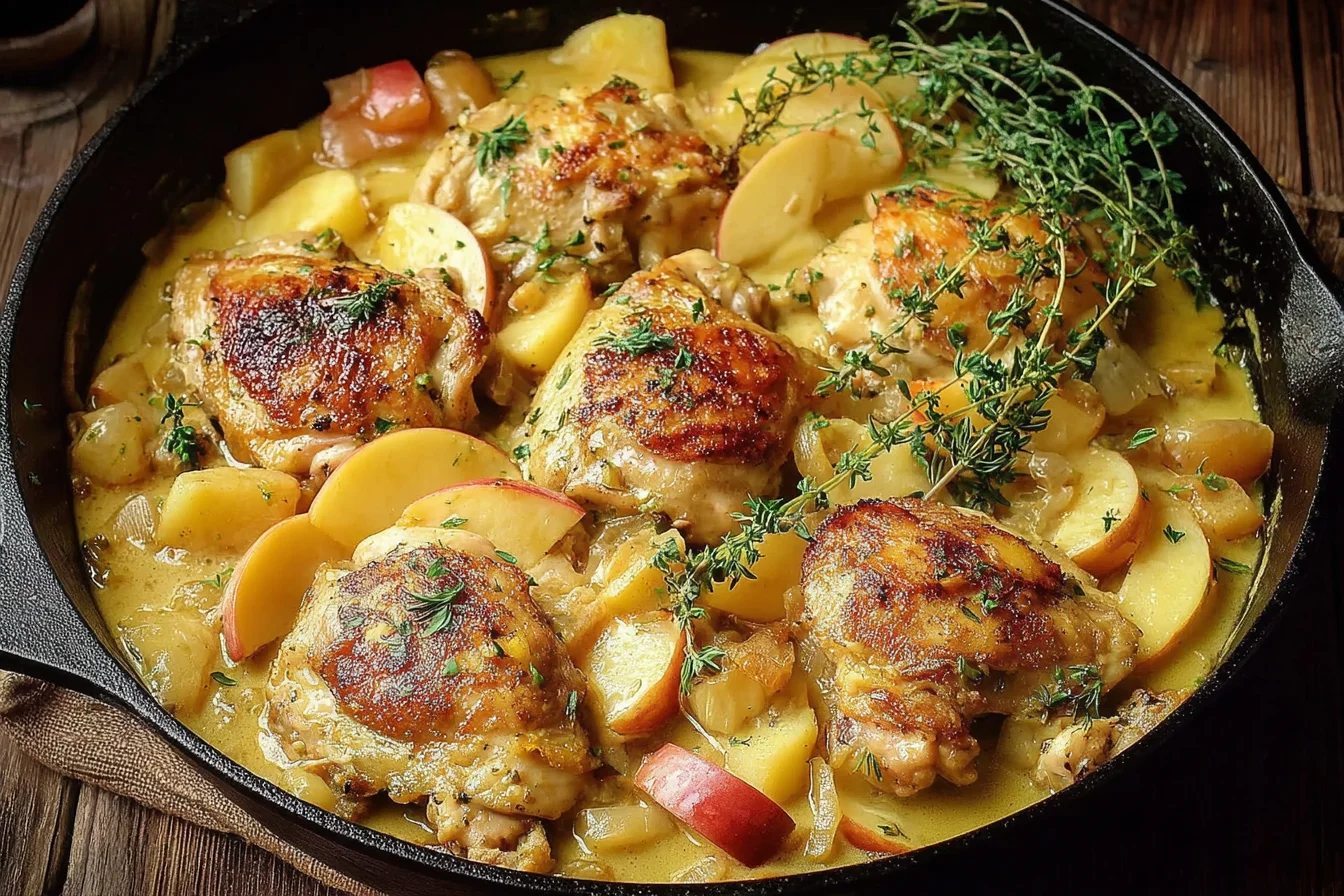 Chicken Normandy in a skillet with apples and creamy cider sauce, featuring golden chicken thighs and fresh thyme.