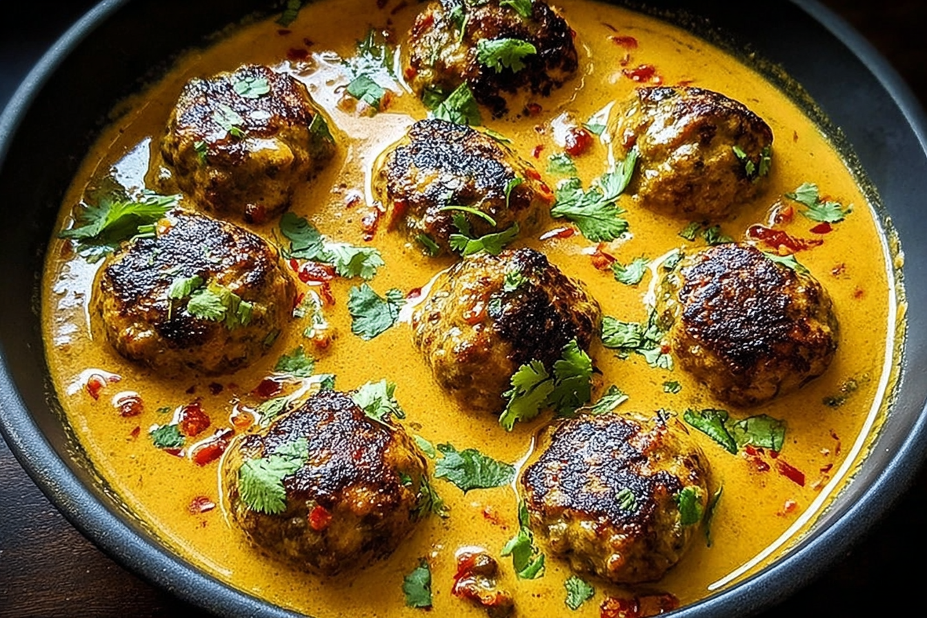 Jerk Meatballs in Coconut Curry simmering in a creamy golden sauce topped with fresh cilantro