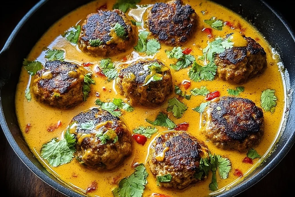 Jerk Meatballs in Coconut Curry simmering in creamy golden sauce with fresh cilantro