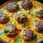 Jerk Meatballs in Coconut Curry simmering in creamy golden sauce with fresh cilantro