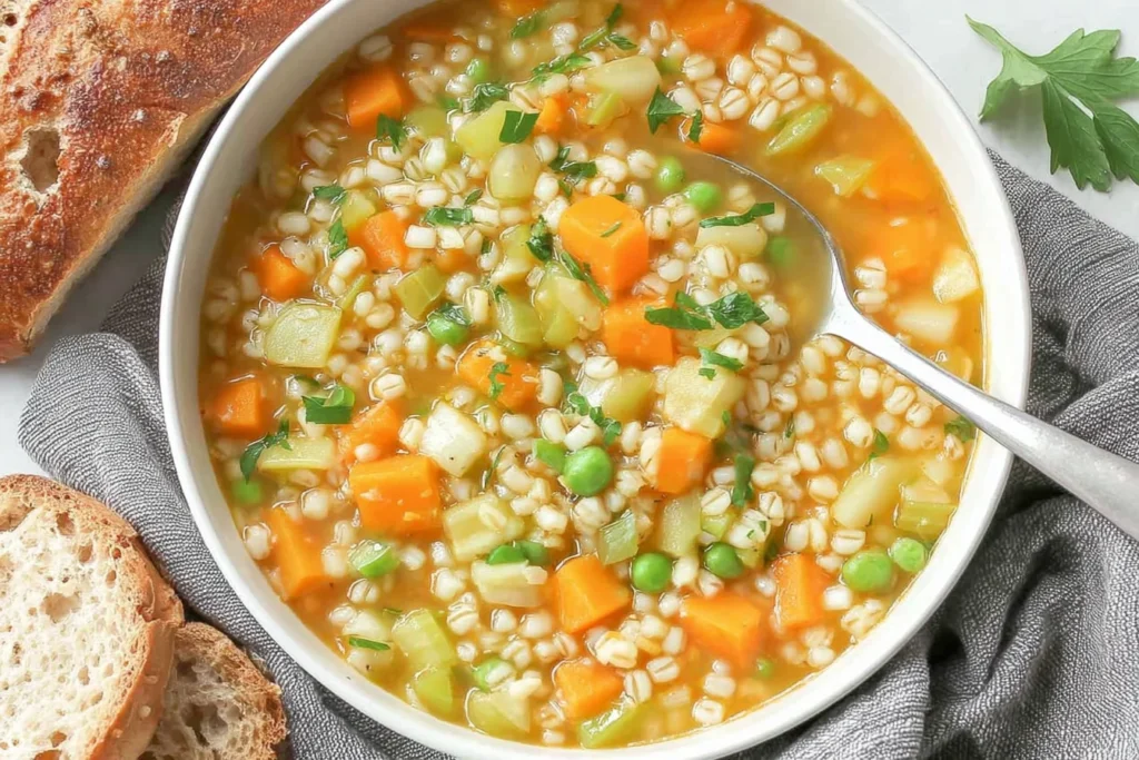 Bowl of Vegetable Barley soup with carrots, celery, peas, and tender barley in a golden broth, served with crusty bread.