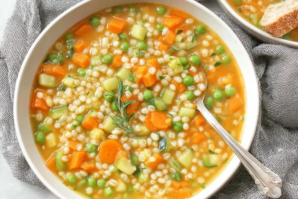 Bowl of Vegetable Barley soup with tender barley, carrots, celery, peas, and herbs in a warm savory broth.