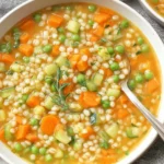 Bowl of Vegetable Barley soup with tender barley, carrots, celery, peas, and herbs in a warm savory broth.