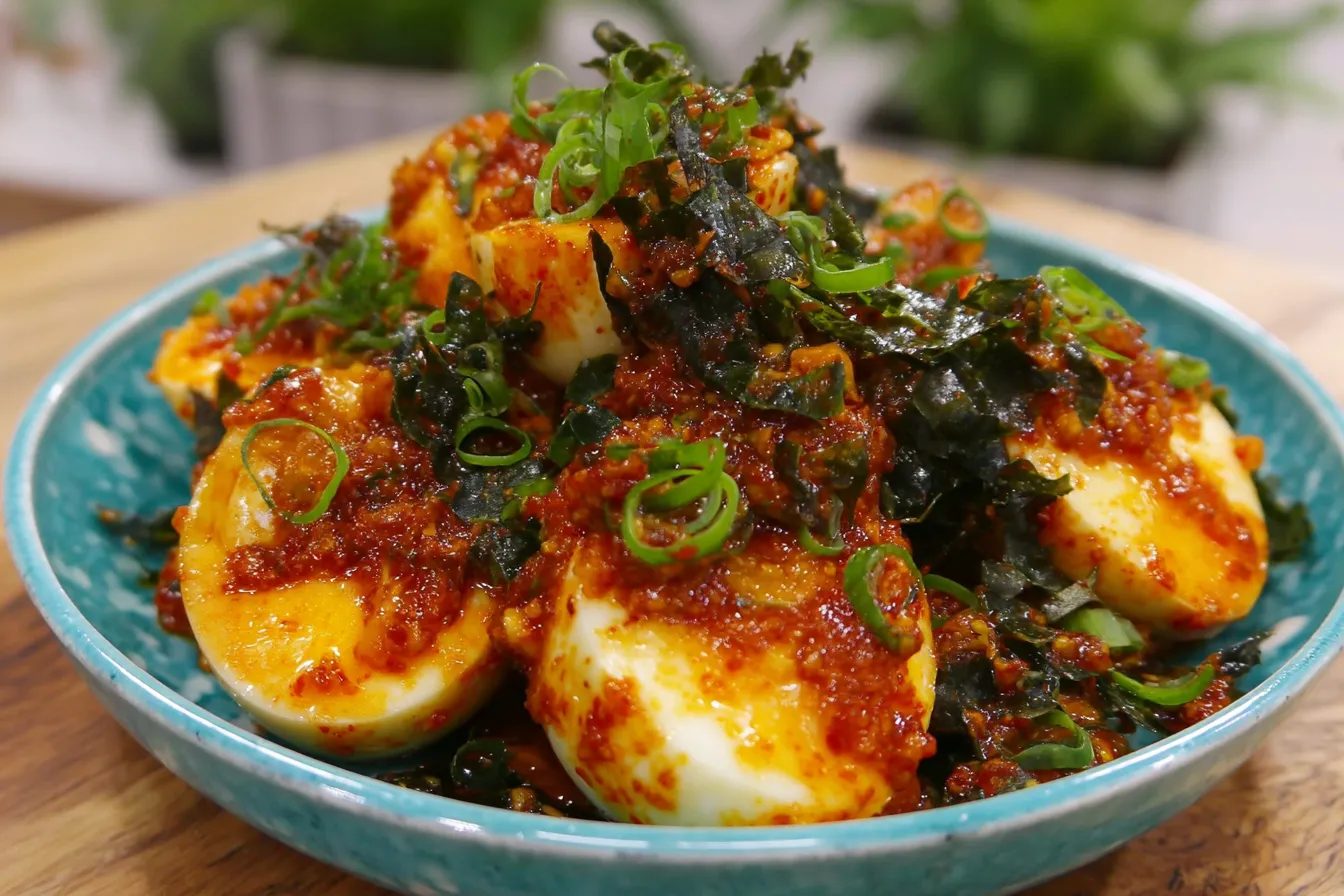 Spicy Gochujang Eggs coated in rich Korean chili sauce with scallions and seaweed
