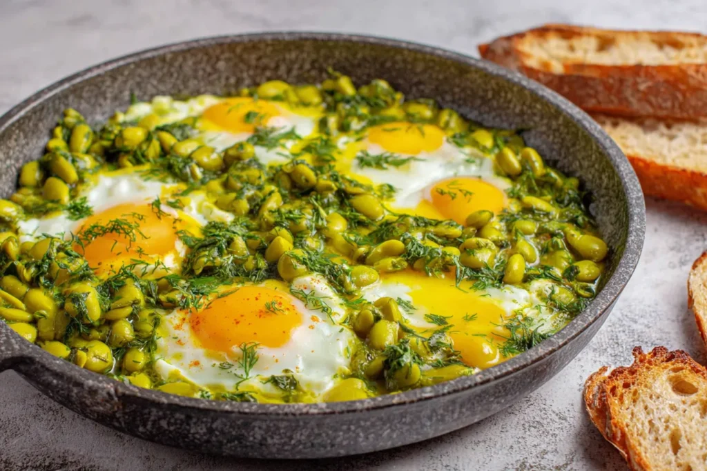 Baghali Ghatogh (Beans and Eggs) with runny yolks served with toasted bread