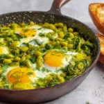Baghali Ghatogh (Beans and Eggs) cooking in a skillet with dill and garlic