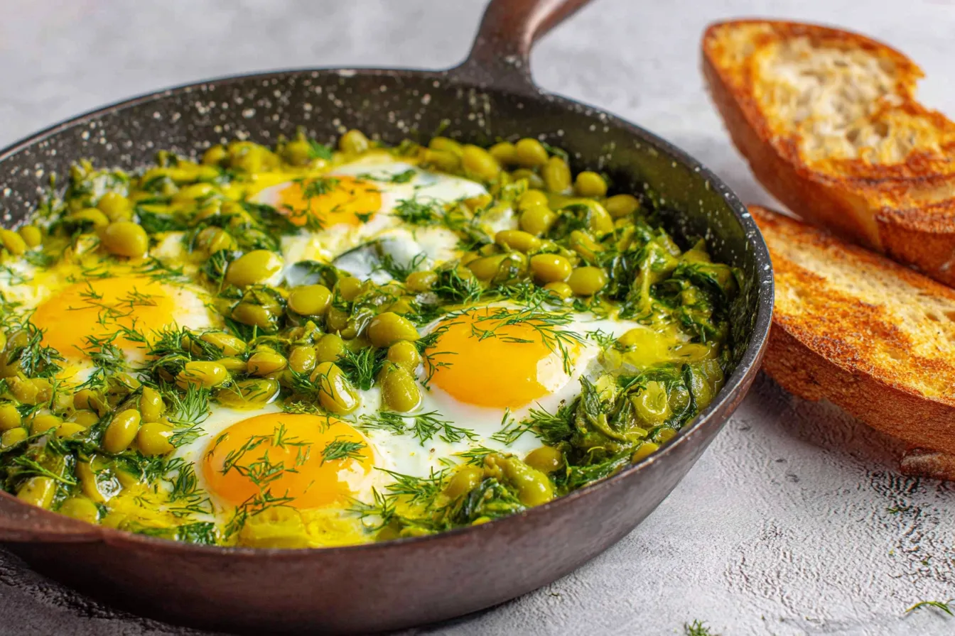 Baghali Ghatogh (Beans and Eggs) cooking in a skillet with dill and garlic