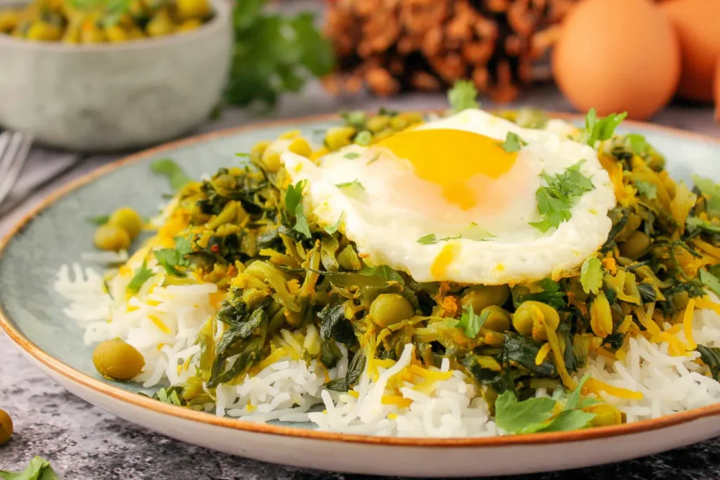 Baghali Ghatogh (Beans and Eggs) served over fluffy basmati rice with fresh herbs