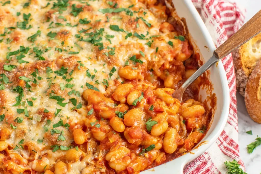 Baked Cannelini Beans fresh from the oven with golden melted cheese and tomato sauce