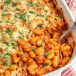 Baked Cannelini Beans fresh from the oven with golden melted cheese and tomato sauce