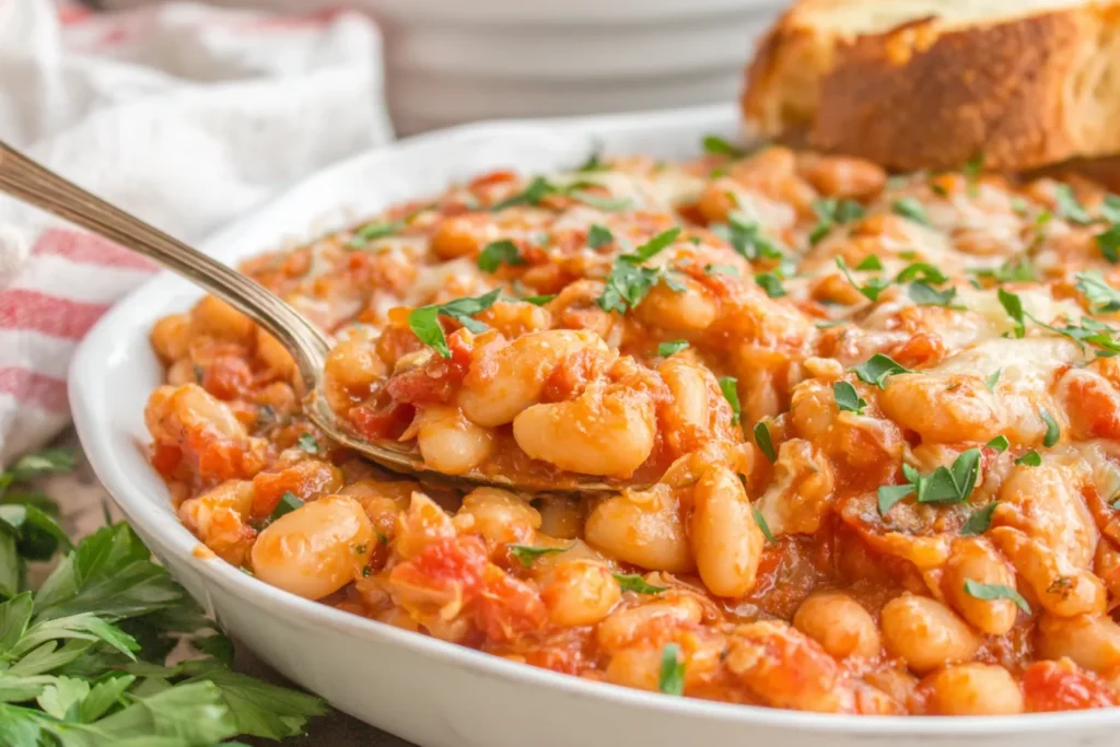 Close-up of Baked Cannelini Beans with creamy tomato sauce and melted cheese in a serving dish