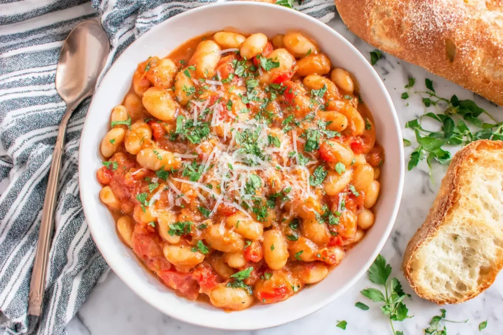 Baked Cannelini Beans served in a white bowl with tomato sauce, herbs, and crusty bread on the side