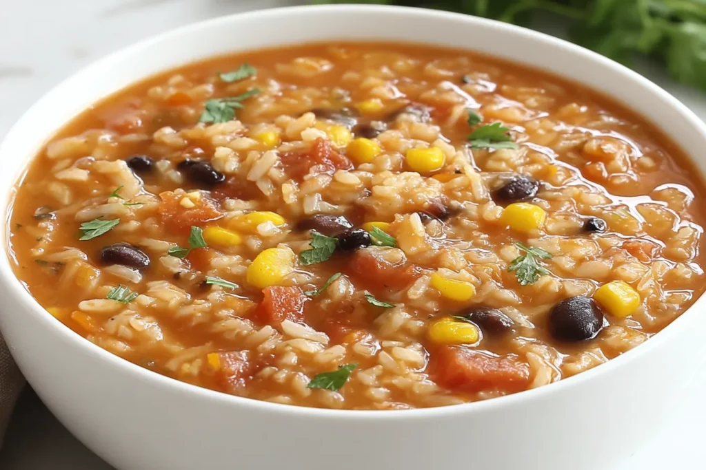 Beans and Rice Taco Soup served warm with beans, rice, and corn