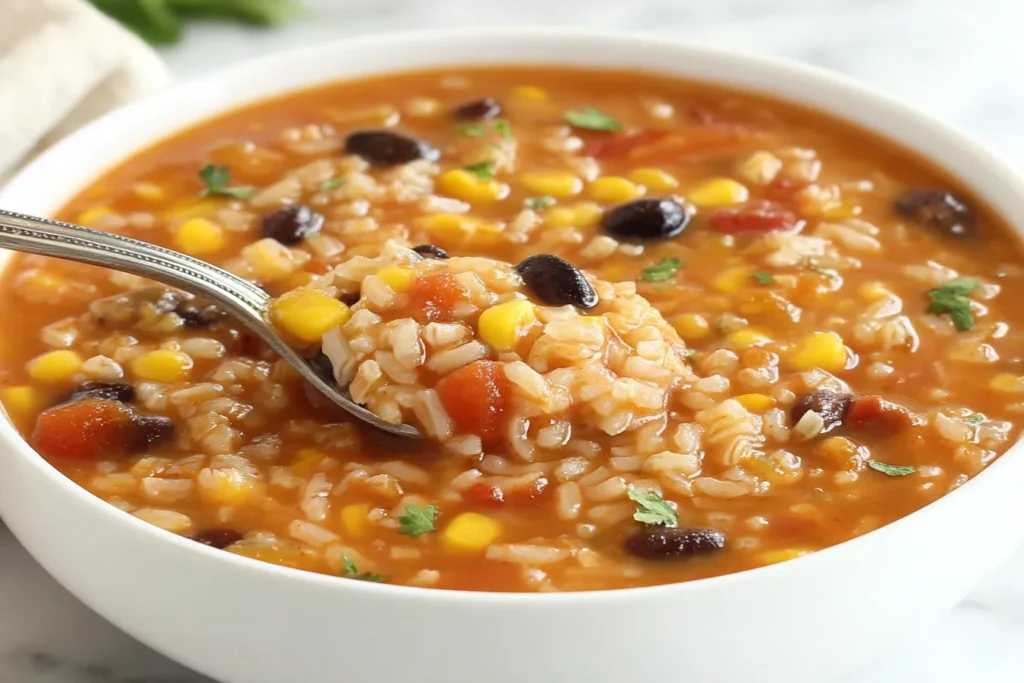 Beans and Rice Taco Soup with black beans, rice, and corn in a tomato broth