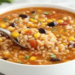 Beans and Rice Taco Soup with black beans, rice, and corn in a tomato broth