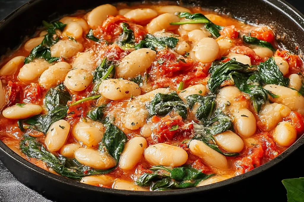 Burst Tomato Basil Butter Beans in a cast iron pan with tender butter beans, burst tomatoes, basil, and a creamy tomato broth