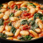 Burst Tomato Basil Butter Beans in a cast iron pan with tender butter beans, burst tomatoes, basil, and a creamy tomato broth