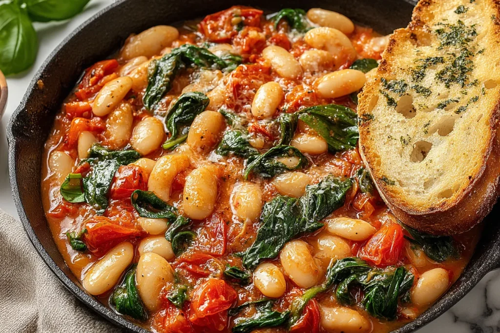Burst Tomato Basil Butter Beans simmered in a skillet with juicy tomatoes, wilted greens, and a creamy sauce, served with toasted bread