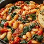 Burst Tomato Basil Butter Beans simmered in a skillet with juicy tomatoes, wilted greens, and a creamy sauce, served with toasted bread