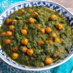 Chana Saag recipe with chickpeas in rich spinach curry close-up