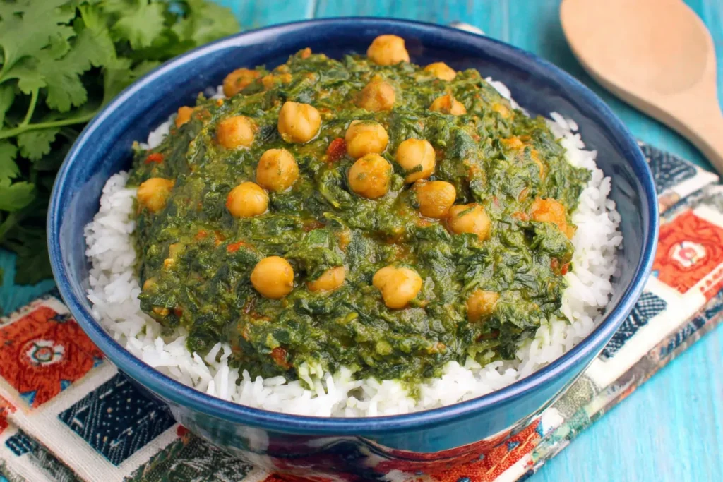 Chana Saag recipe served over fluffy basmati rice in a blue bowl