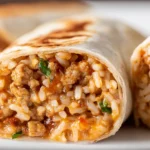 Close-up of Cheesy Ground Chicken and Rice Burritos filled with seasoned ground chicken, rice, and melted cheese in a golden toasted tortilla