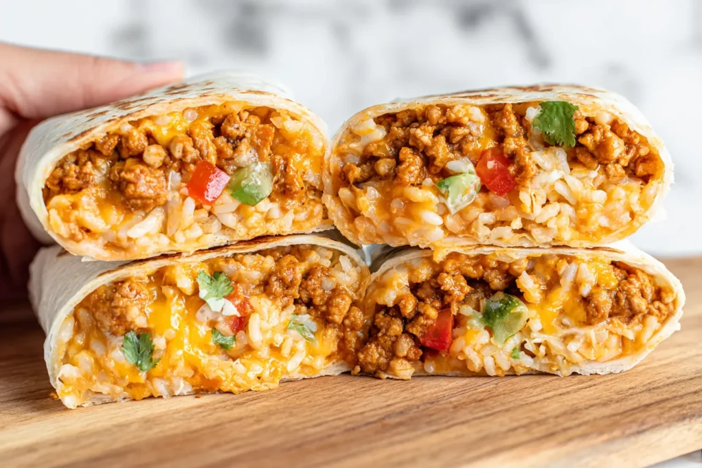 Cheesy Ground Chicken and Rice Burritos stacked and sliced, showing melted cheese, seasoned ground chicken, rice, and peppers inside a toasted tortilla