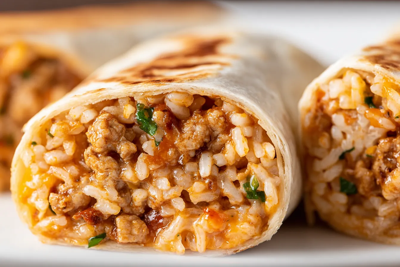 Close-up of Cheesy Ground Chicken and Rice Burritos filled with seasoned ground chicken, rice, and melted cheese in a golden toasted tortilla
