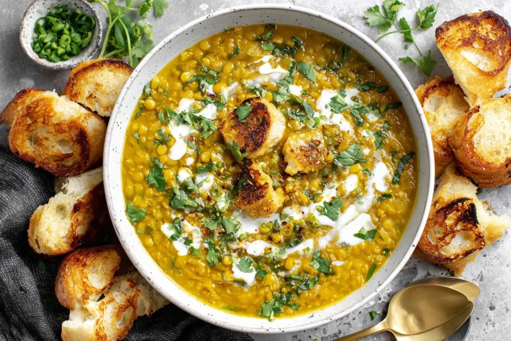 Golden Curry Lentil Soup garnished with herbs and coconut cream, served with crispy toasted bread