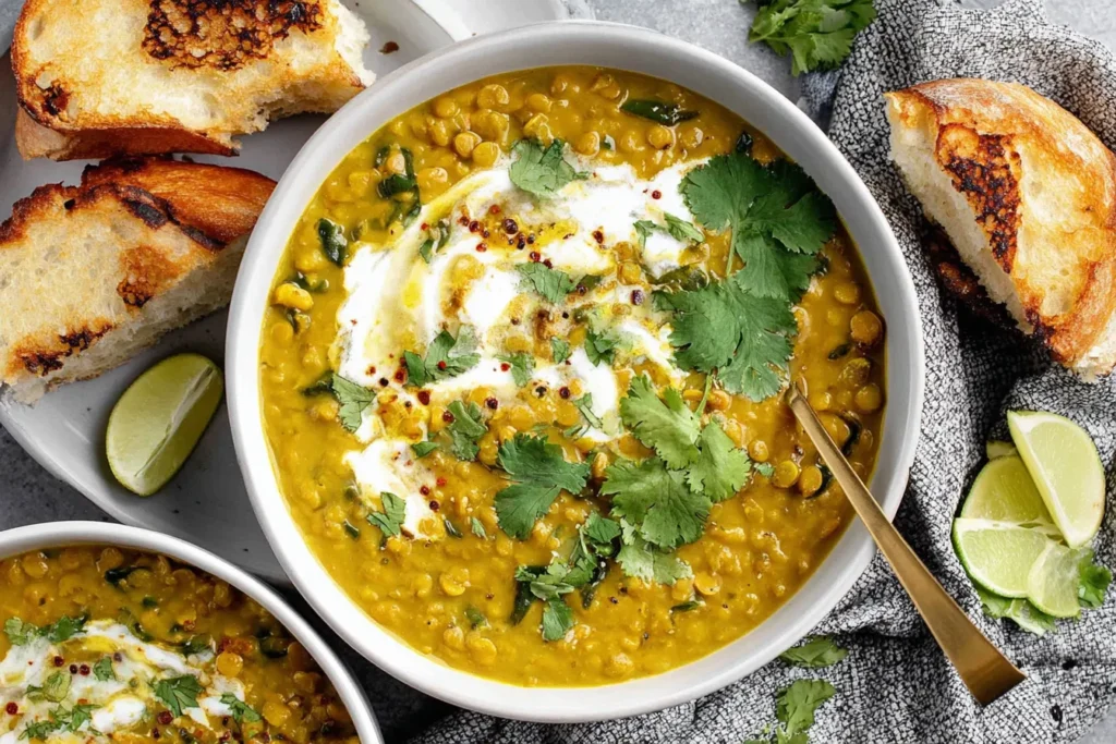 Creamy Curry Lentil Soup topped with coconut cream and fresh cilantro, served with toasted bread and lime wedges