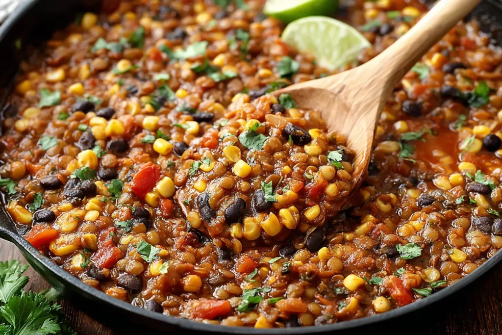 Delicious Vegetarian Mexican Lentils Recipe served warm with fresh herbs and a squeeze of lime