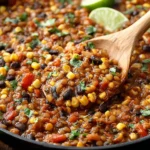 Delicious Vegetarian Mexican Lentils Recipe served warm with fresh herbs and a squeeze of lime