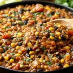 Delicious Vegetarian Mexican Lentils Recipe simmered with black beans, corn, and tomatoes in a skillet