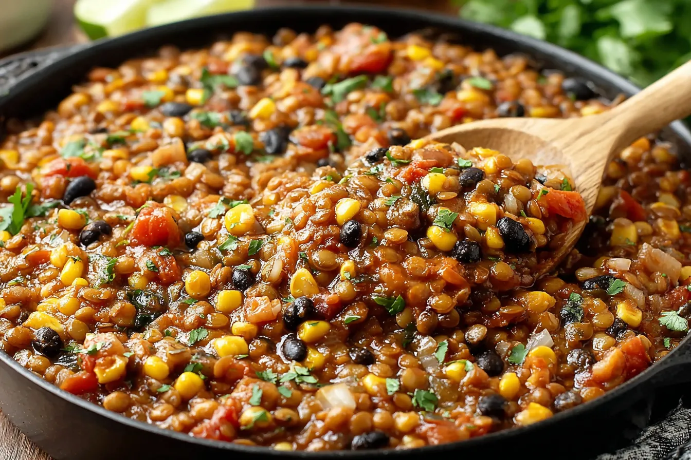 Delicious Vegetarian Mexican Lentils Recipe simmered with black beans, corn, and tomatoes in a skillet