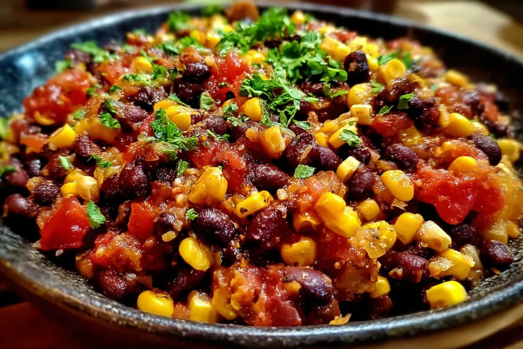 Fast Black Bean and Corn Skillet in a dark serving dish with colorful vegetables